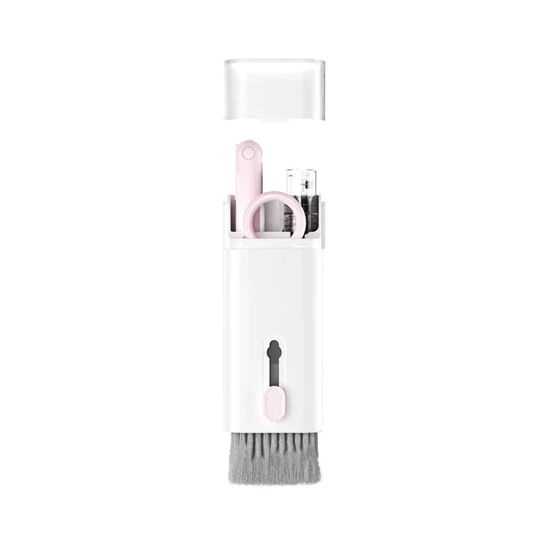 kit de cepillo limpiador para teclado - Herramienta de limpieza 7 en 1 en blanco y rosa con la tapa retirada, mostrando los componentes internos
