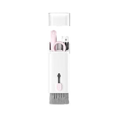 kit de cepillo limpiador para teclado - Herramienta de limpieza 7 en 1 en blanco y rosa con la tapa retirada, mostrando los componentes internos