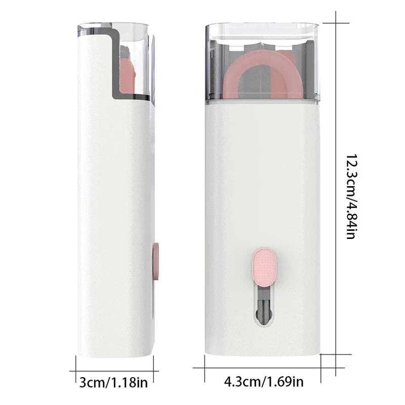 kit de cepillo limpiador para teclado - Dos vistas de una herramienta de limpieza portátil en blanco y rosa, con altura de 12,3 cm, ancho de 4,3 cm y profundidad de 3 cm etiquetados