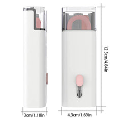 kit de cepillo limpiador para teclado - Dos vistas de una herramienta de limpieza portátil en blanco y rosa, con altura de 12,3 cm, ancho de 4,3 cm y profundidad de 3 cm etiquetados