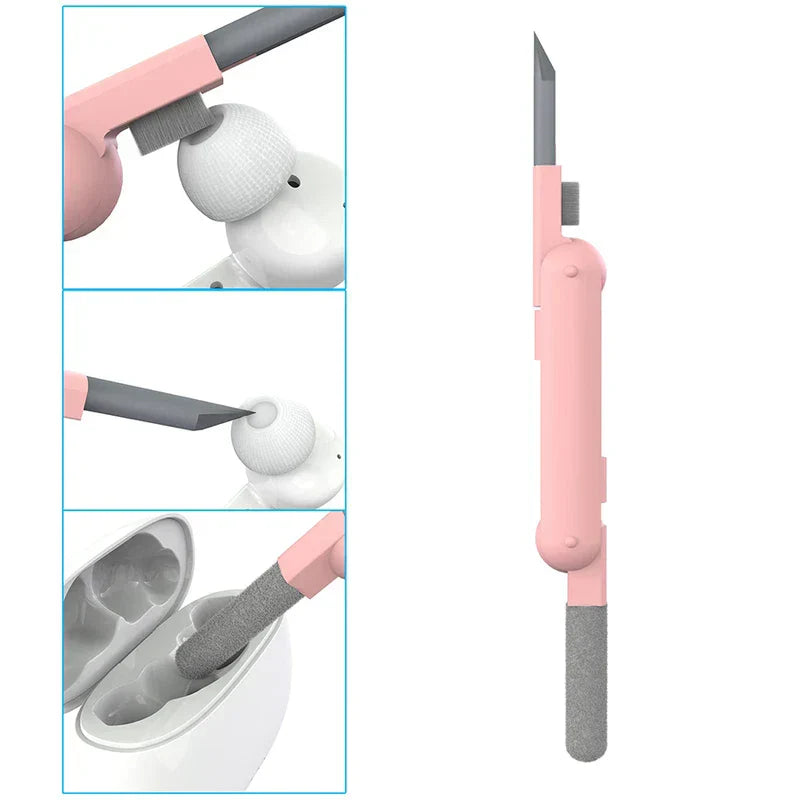 kit de cepillo limpiador para teclado - Herramienta de limpieza plegable para auriculares en rosa, junto con tres demostraciones de uso limpiando auriculares y su estuche de carga