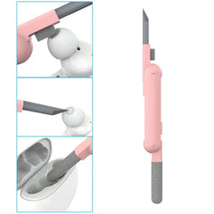 kit de cepillo limpiador para teclado - Herramienta de limpieza plegable para auriculares en rosa, junto con tres demostraciones de uso limpiando auriculares y su estuche de carga
