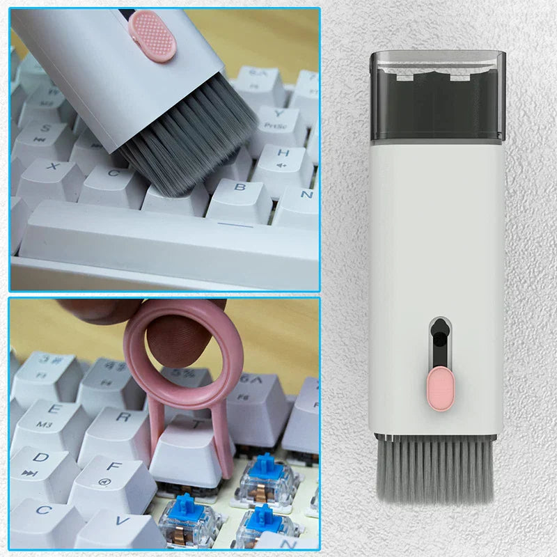 Keyboard Cleaner Brush Kit - Collage showing a cleaning brush sweeping keyboard keys, the brush tool lifting a keyboard keycap, and the full brush cleaning tool.