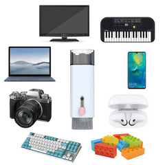 kit de cepillo limpiador para teclado - Un cepillo de limpieza multifunción colocado entre varios artículos: monitor, teclado, computadora portátil, teléfono, cámara, auriculares, bloques de juguete y un piano