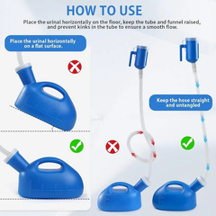 Detachable Hose - Infographic showing urinal placement and hose handling: incorrect tilted urinal, correct horizontal placement, kinked hose marked wrong, and straight hose marked correct.