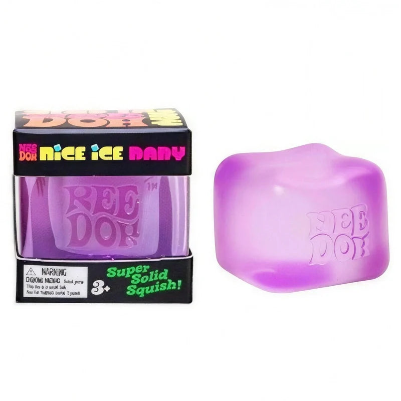 Nice Cube - لعبة ضغط غير منتظمة بلون أرجواني مثلج بجانب صندوق العرض الأسود المطابق لها