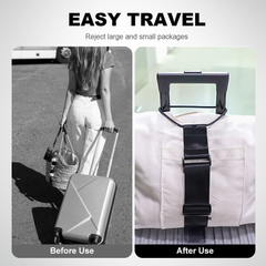 EASY TRAVEL før-og-efter-sammenligning, der viser kuffertstropper, der fastgør en taske til et kuffertgreb