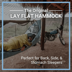 Lay-flat waterproof hammock , featuring insect netting and a rain fly.