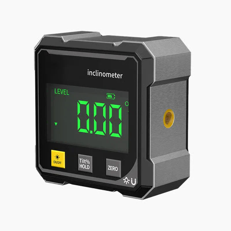 4-side Magnetic Digital Angle Gauge With Laser - Front angle view of black digital inclinometer with green LED display showing 0.00° level reading and control buttons