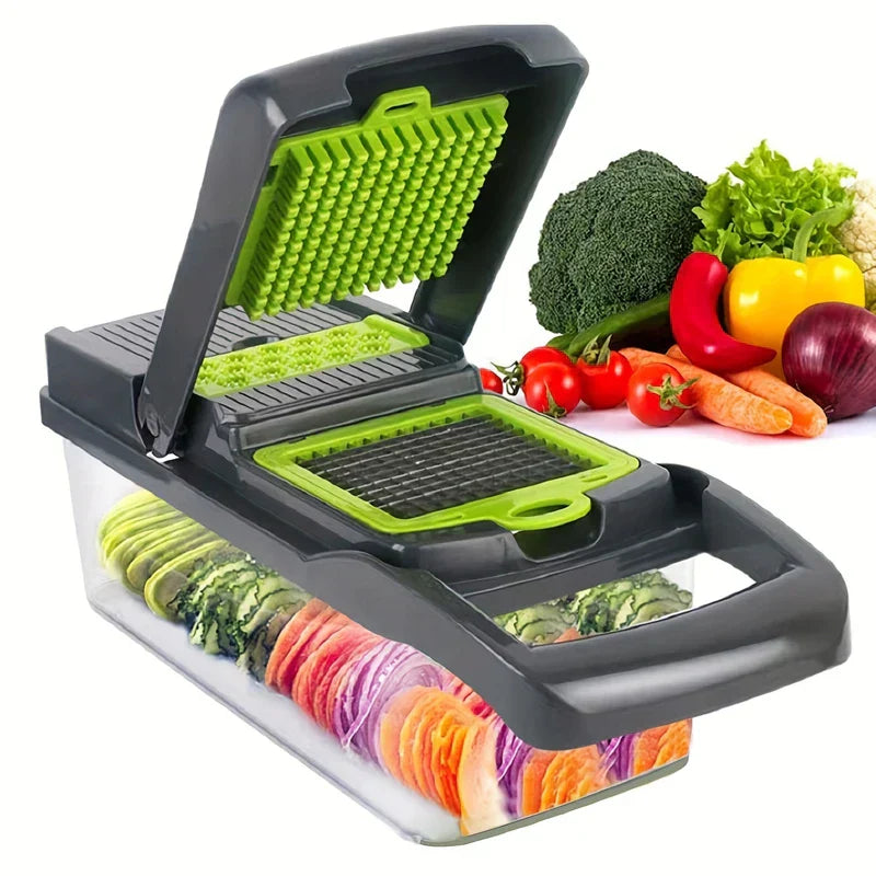 Mandoline slicer vegetable chopper set in use with fresh vegetables
