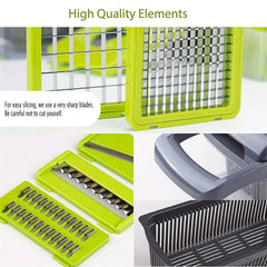 Vegetable Chopper Set - Close-up collage of sharp stainless steel blade inserts and tool components with blade safety note