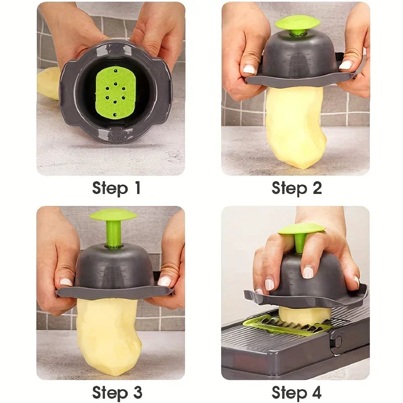 Vegetable Chopper Set - Four-step demo showing how to use a hand protector with a potato on a vegetable slicer
