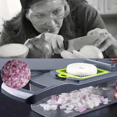 Vegetable Chopper Set - Top: person wearing safety goggles cuts an onion with a knife. Bottom: onion sits on a green grid slicer insert, with diced onions in a clear container below and a close-up of diced onion at left.