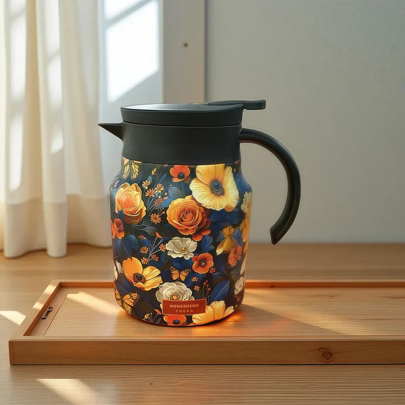 Vintage Floral Tea Thermos - Dark floral and butterfly print insulated carafe sitting on a light wooden tray near a sunlit window with sheer curtains