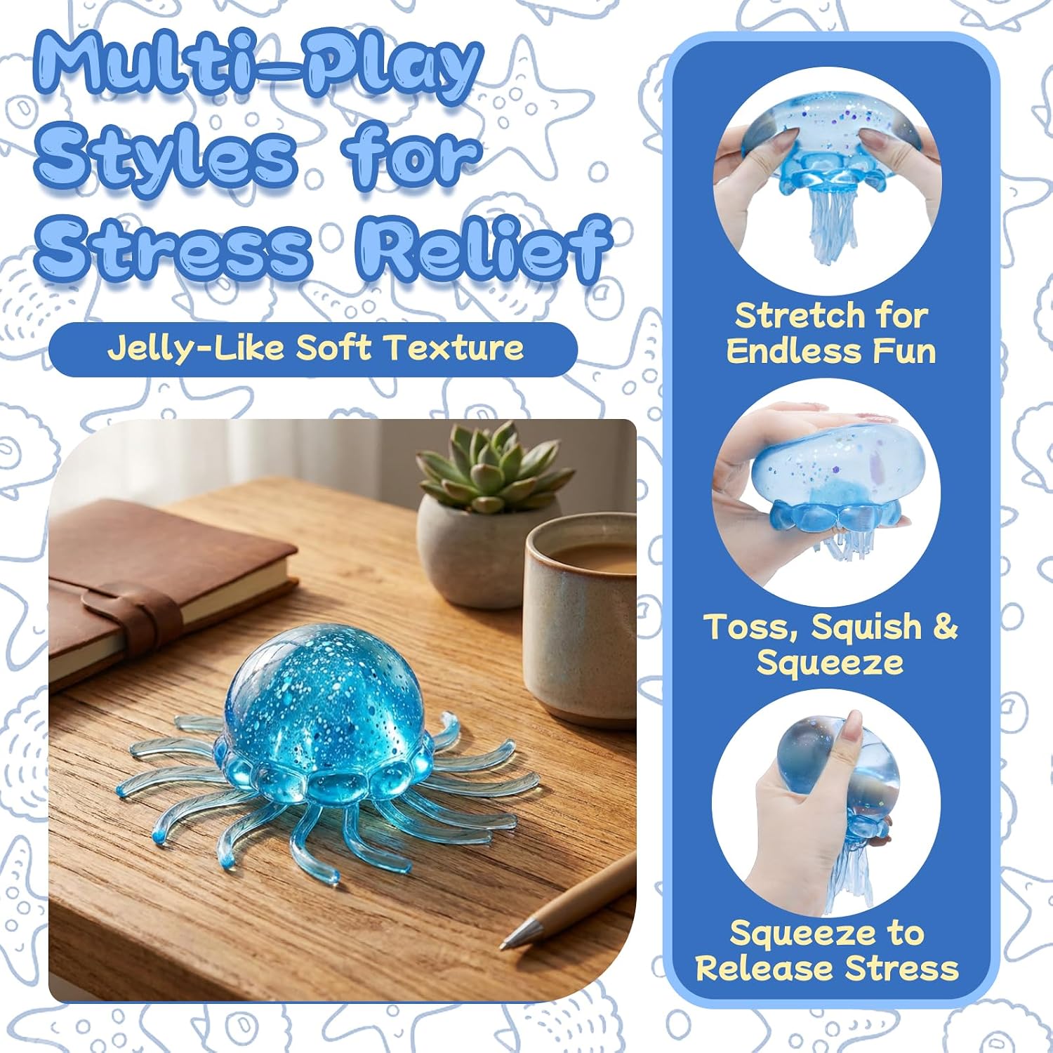 Hand squeezing the jellyfish squishy stress ball