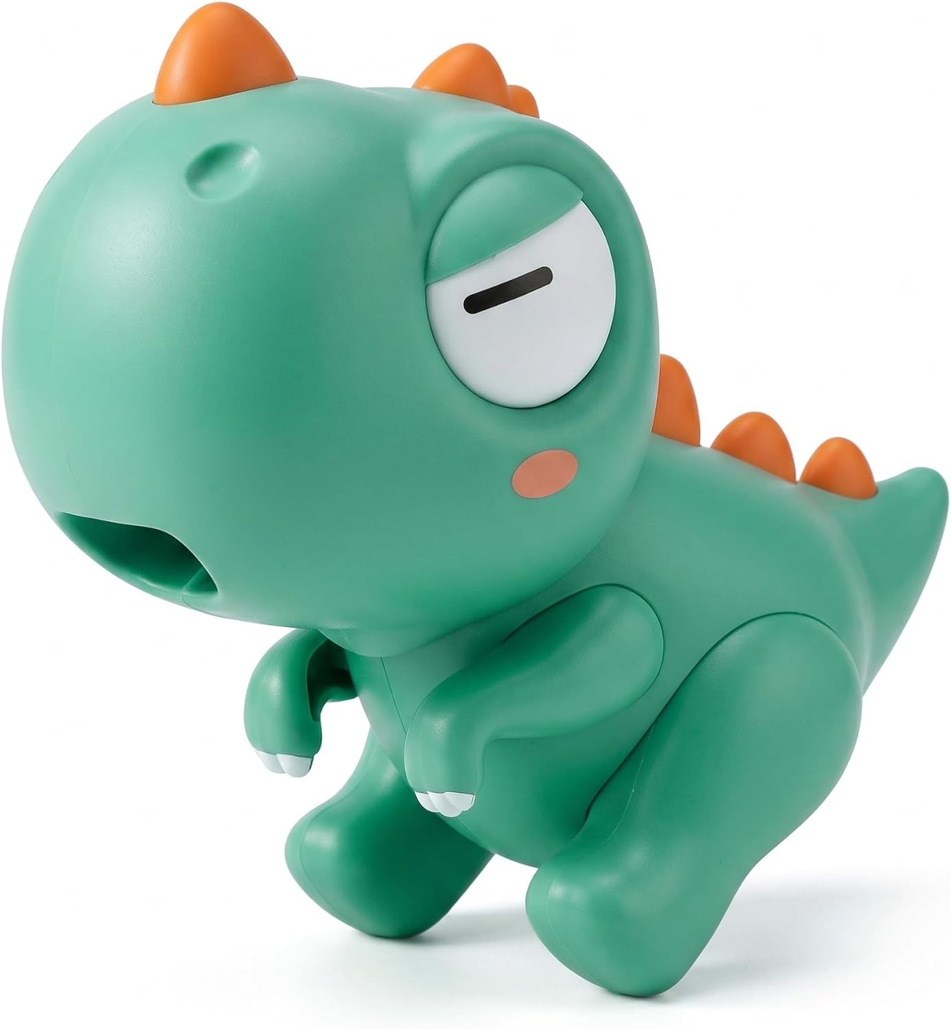 Cooling Fan - Angled front view of a green cartoon dinosaur toy with orange spikes.