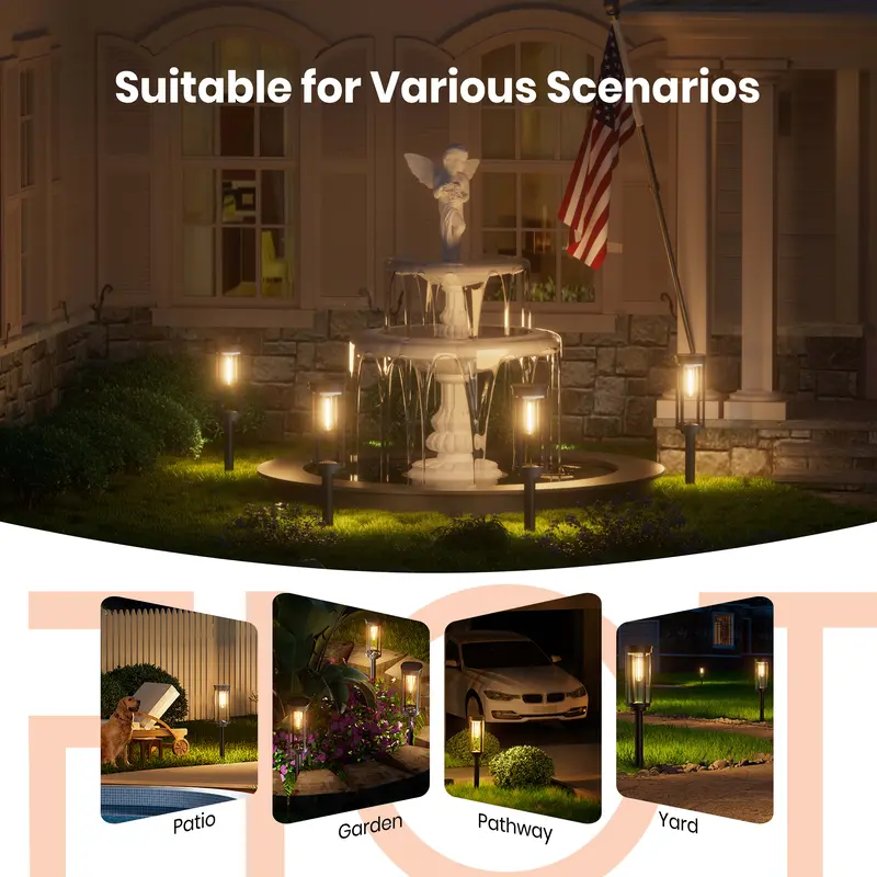 Night scene showing solar pathway lights used around patio, garden, pathway, and yard areas