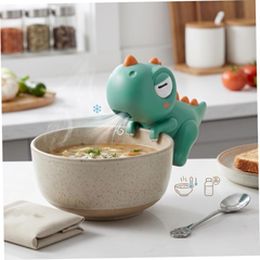 Cooling Fan - Cute dinosaur-shaped clip-on mini fan attached to a white bowl edge