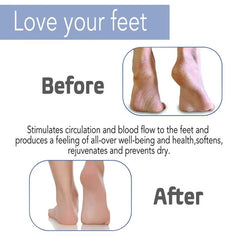 Before and after dry cracked feet results paired with text benefits for a silicone shower foot scrubber mat