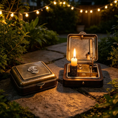 Candle Box - Close-up of built-in brass igniter and mechanical riser mechanism inside the holder