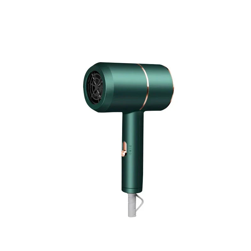 Blow Dryer - Side view of teal handheld hair dryer with rose gold details, visible power cord, on white background