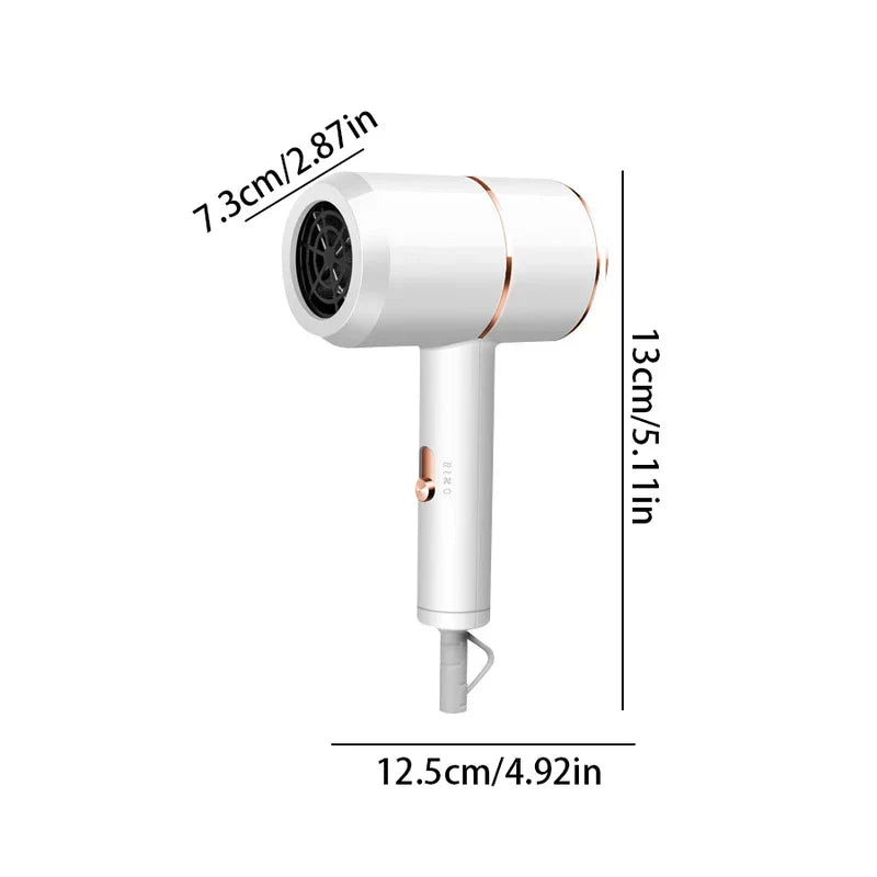 Blow Dryer - White handheld hair dryer with rose gold accents, with dimension labels: 7.3cm, 13cm, 12.5cm