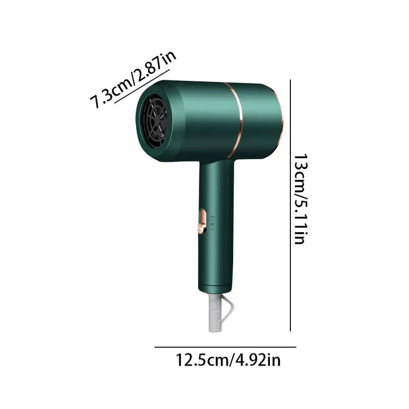 Blow Dryer - Dark green handheld hair dryer with rose gold accents, with dimension labels: 7.3cm, 13cm, 12.5cm