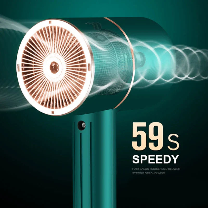 Blow Dryer - Teal handheld hair dryer with rose gold accents, visualized air flow from front grille, 59s text on dark teal background