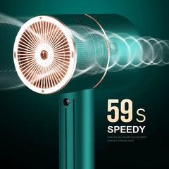 Blow Dryer - Teal handheld hair dryer with rose gold accents, visualized air flow from front grille, 59s text on dark teal background