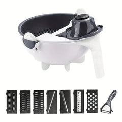 Vegetable Chopper Mandoline Slicer Dicer - Full set with strainer bowl base, food guard, 7 blade attachments, and vegetable peeler