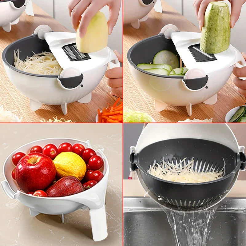 Vegetable Chopper Mandoline Slicer Dicer - Four-panel image: hands shred potato, slice zucchini with the cutter; the bowl holds whole fruits; the inner basket drains water over a sink.