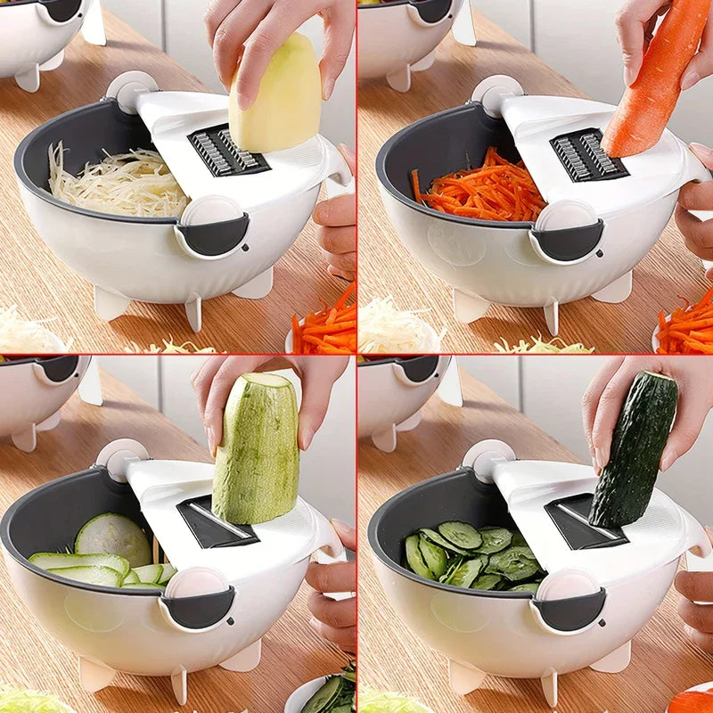 Vegetable Chopper Mandoline Slicer Dicer - Four-panel image: hands shred potato, shred carrot, slice light green zucchini, slice dark green cucumber with the vegetable cutter over its bowl.
