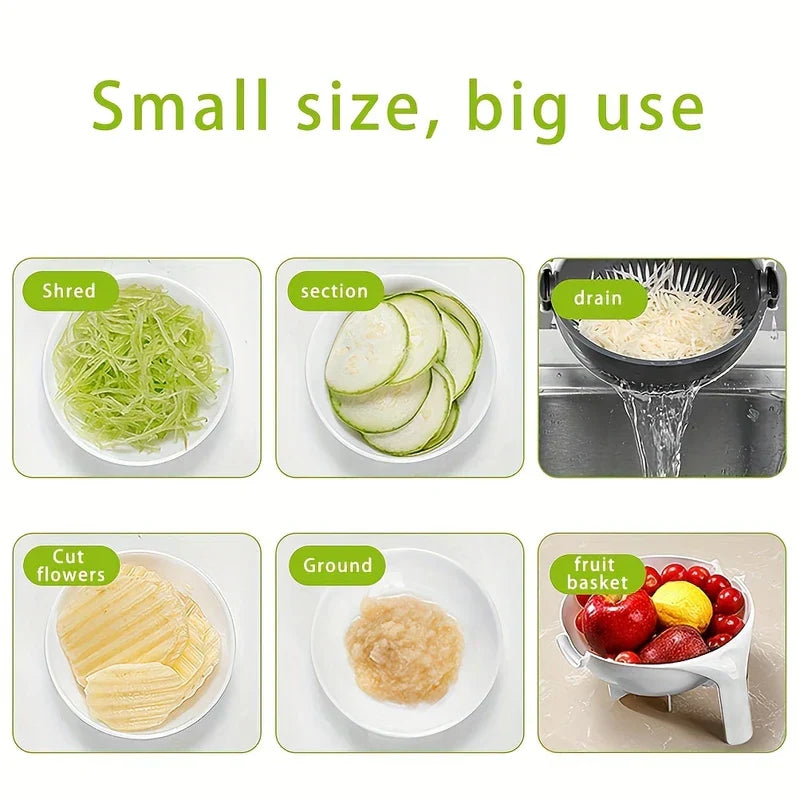 Vegetable Chopper Mandoline Slicer Dicer - Six panels showing shredded veg, sliced veg, draining, wavy cuts, grated food, and a fruit basket