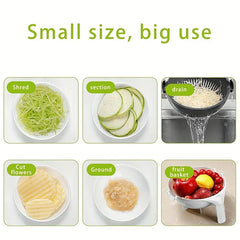 Vegetable Chopper Mandoline Slicer Dicer - Six panels showing shredded veg, sliced veg, draining, wavy cuts, grated food, and a fruit basket