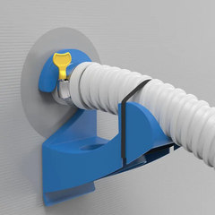 Pool Hose Support Clips - Close-up render of blue hose holder securing a white corrugated pool hose at a wall connection with a hose clamp and cable tie