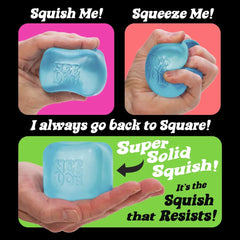 Nice Cube - Three panels showing a blue cube being squished, squeezed, and returning to its square shape, with descriptive text.