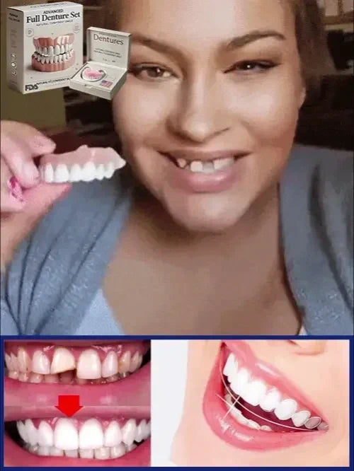Juego de Dentadura Postiza Completa: Mujer sosteniendo una dentadura superior junto a su rostro, con imágenes de antes/después del uso de la dentadura en primer plano debajo