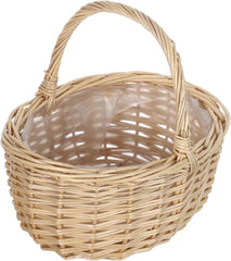 Storage Basket - Front angled view of natural light-toned woven basket with single arched handle and clear plastic interior liner