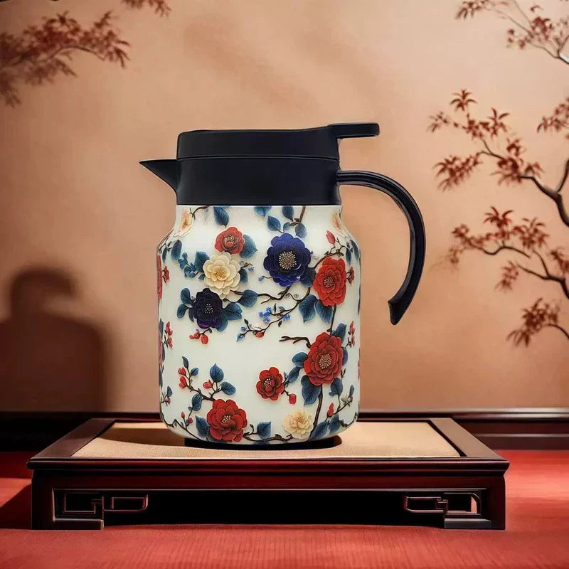 Vintage Floral Tea Thermos - Floral-patterned insulated carafe with black lid and handle resting on a dark wooden inlay tray against a branch-decorated wall