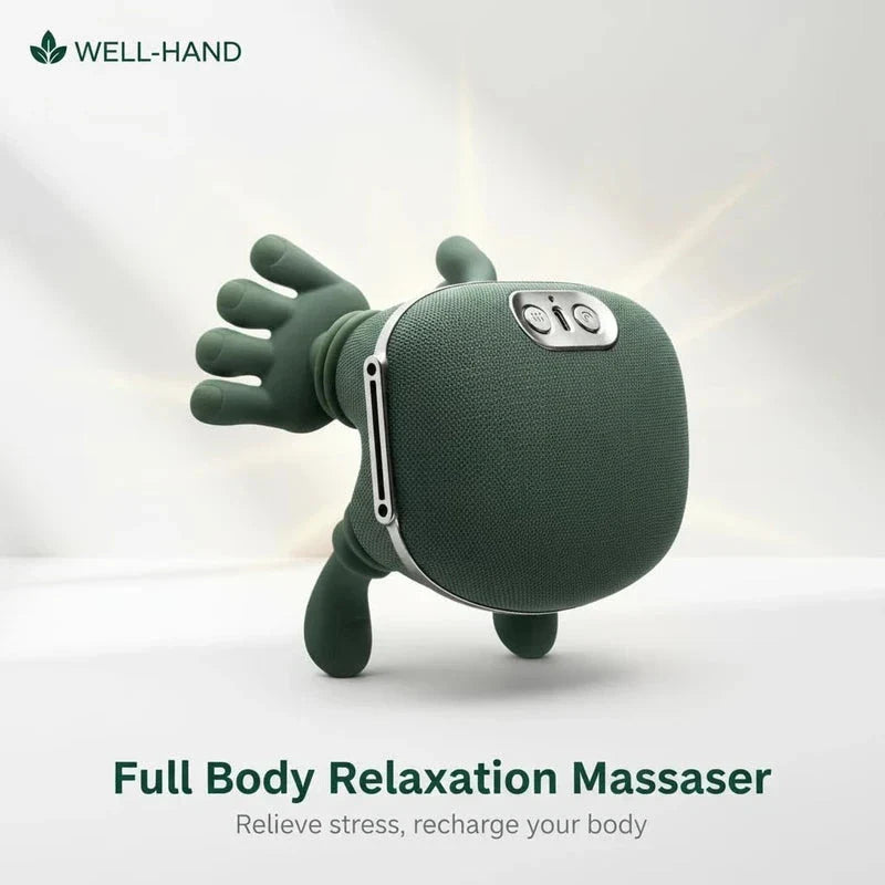 Massageur pour cou et épaules - Masseur vert en forme de main avec panneau de commande, présenté sur fond clair.