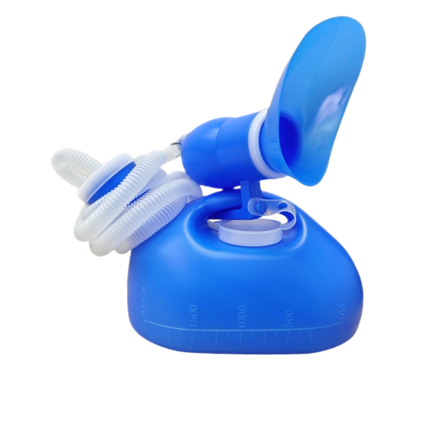 Detachable Hose - Blue plastic female urinal with wide funnel receiver, coiled white hose, and graduated volume markings on the bottle.