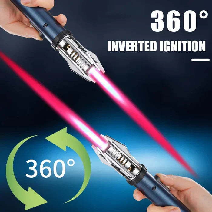 Jet Lighter - Two hands hold blue torch lighters at opposite angles, showing lit pink flames and 360-degree inverted ignition capability.