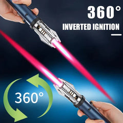 Jet Lighter - Two hands hold blue torch lighters at opposite angles, showing lit pink flames and 360-degree inverted ignition capability.