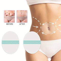 Slimming Belly Patches - Belly application diagram with before and after abdominal comparison shots and two oval patches