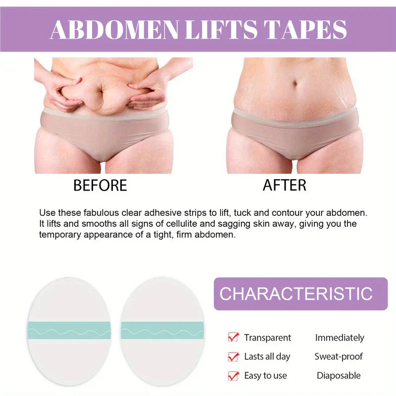 Slimming Belly Patches - Before and after abdominal comparison infographic with feature list and two oval adhesive patches