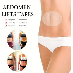Slimming Belly Patches - Abdomen lift tape product graphic showing a torso with an oval tape applied, plus two sets of before-and-after abdominal comparison photos and feature text.