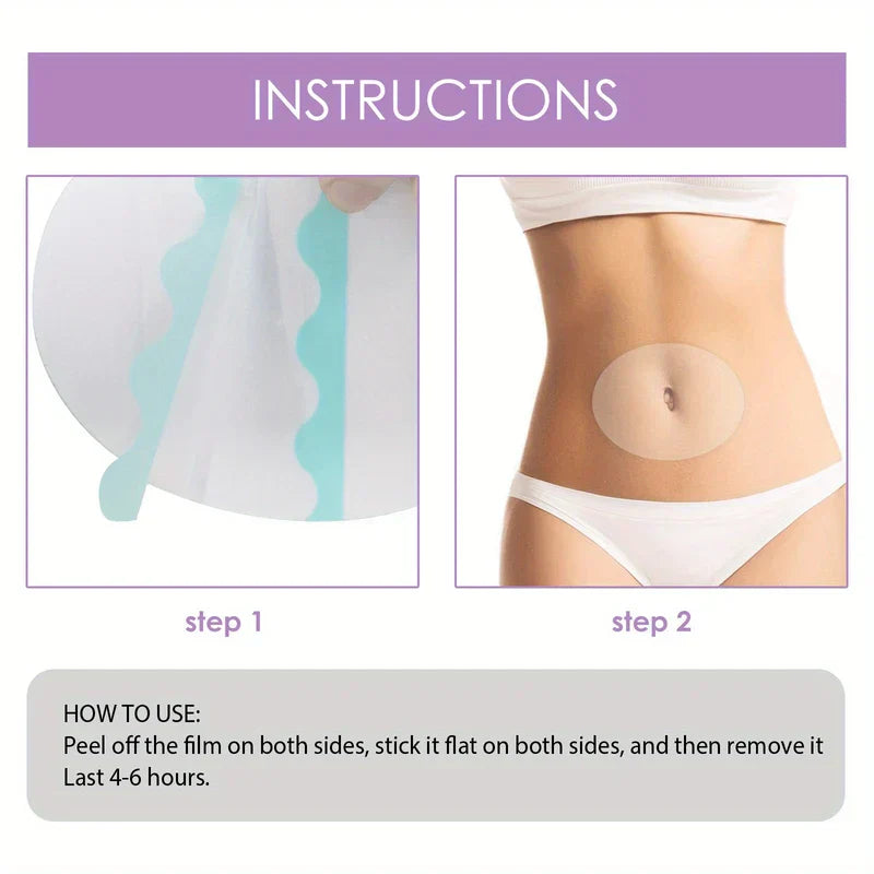Slimming Belly Patches - Two-step usage guide for abdominal adhesive tape: step 1 shows peeling backing film, step 2 shows oval tape applied to a person's belly, with use instructions text.