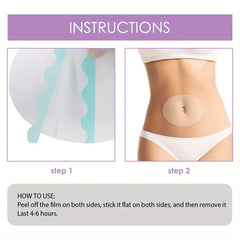 Slimming Belly Patches - Two-step usage guide for abdominal adhesive tape: step 1 shows peeling backing film, step 2 shows oval tape applied to a person's belly, with use instructions text.