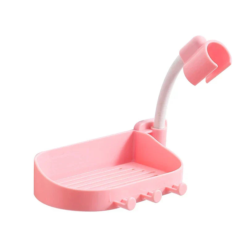 Shower Head Holder - Pink adhesive bathroom bracket with soap dish and flexible gooseneck mount
