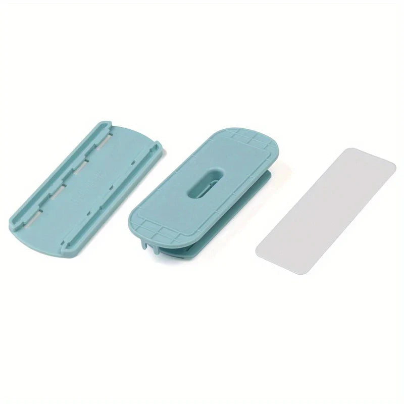 Power Strip Holder - Light blue plastic power strip mounting base set, with two base pieces and one clear adhesive strip